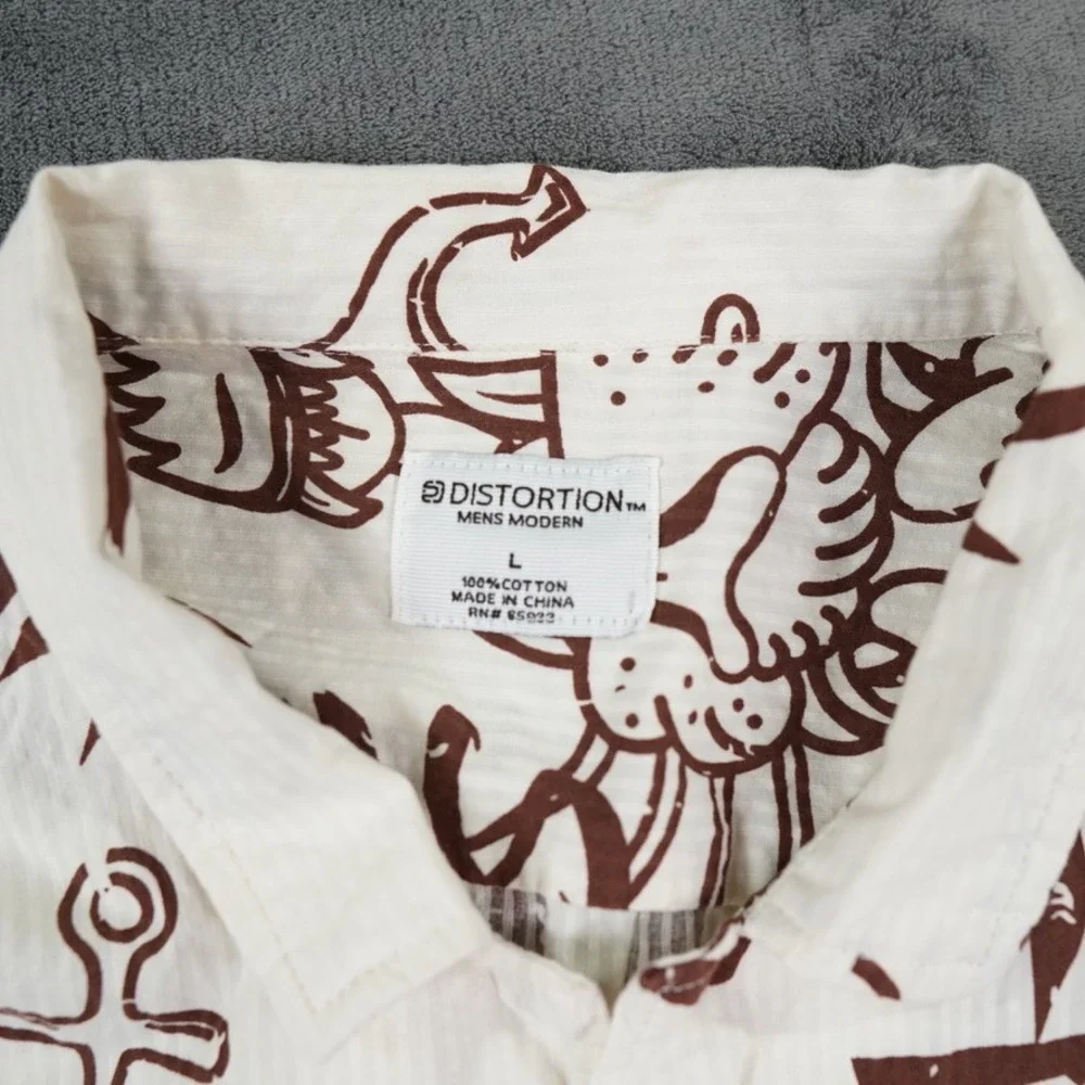 Distortion Hawaiian Tiger Shirt Men L Cream Beach‎ Club Bar Graphic Streetwear